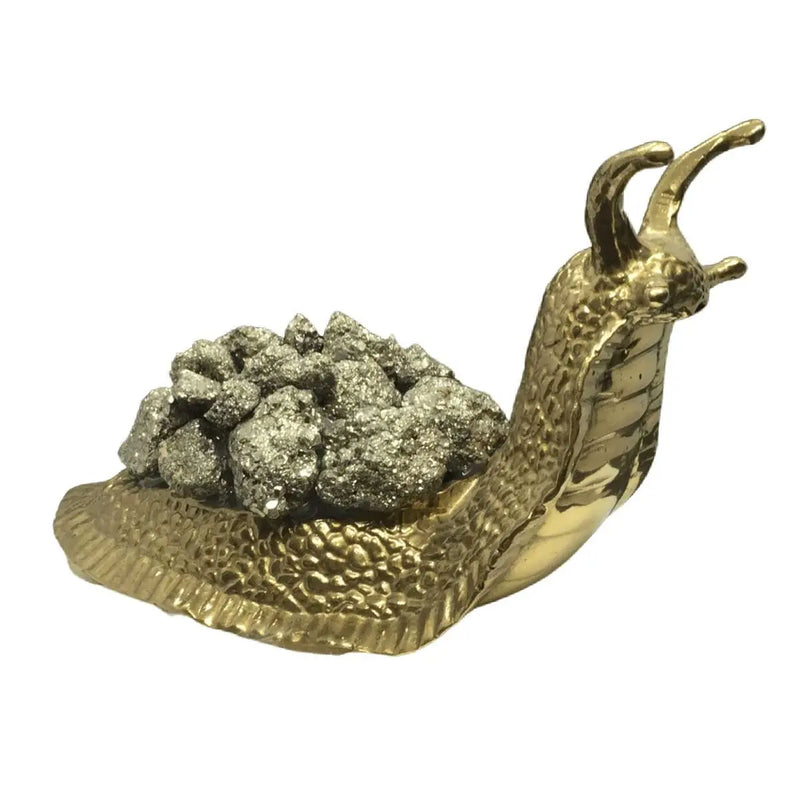 Pyrite and Brass Snail on Marble Base Heavens Gems and Wellbeing